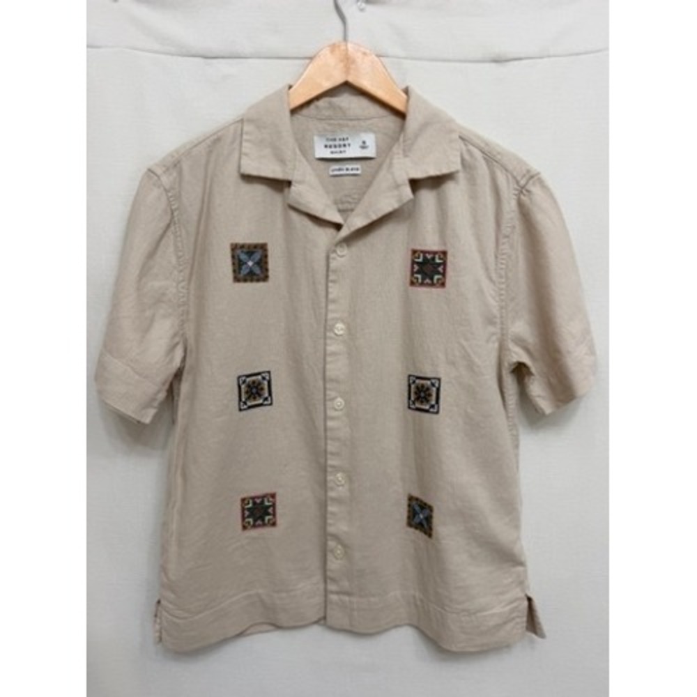 Abercrombie & Fitch Resort Shirt Mens Small Beige Linen Embroidered Short Sleeve